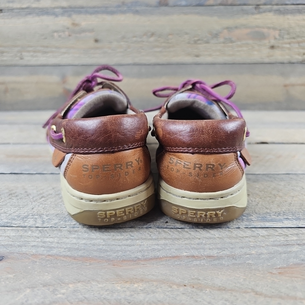 Sperry Topsider Brown Leather purple plaid Women's Boat Deck Shoes - Picture 3 of 14